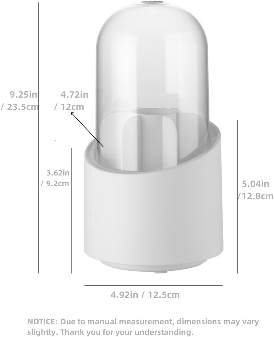 Detalle de Fantasee 360° Rotating Makeup Brush Organizer – 7 Compartment, White Cylindrical with Transparent Dustproof Cover