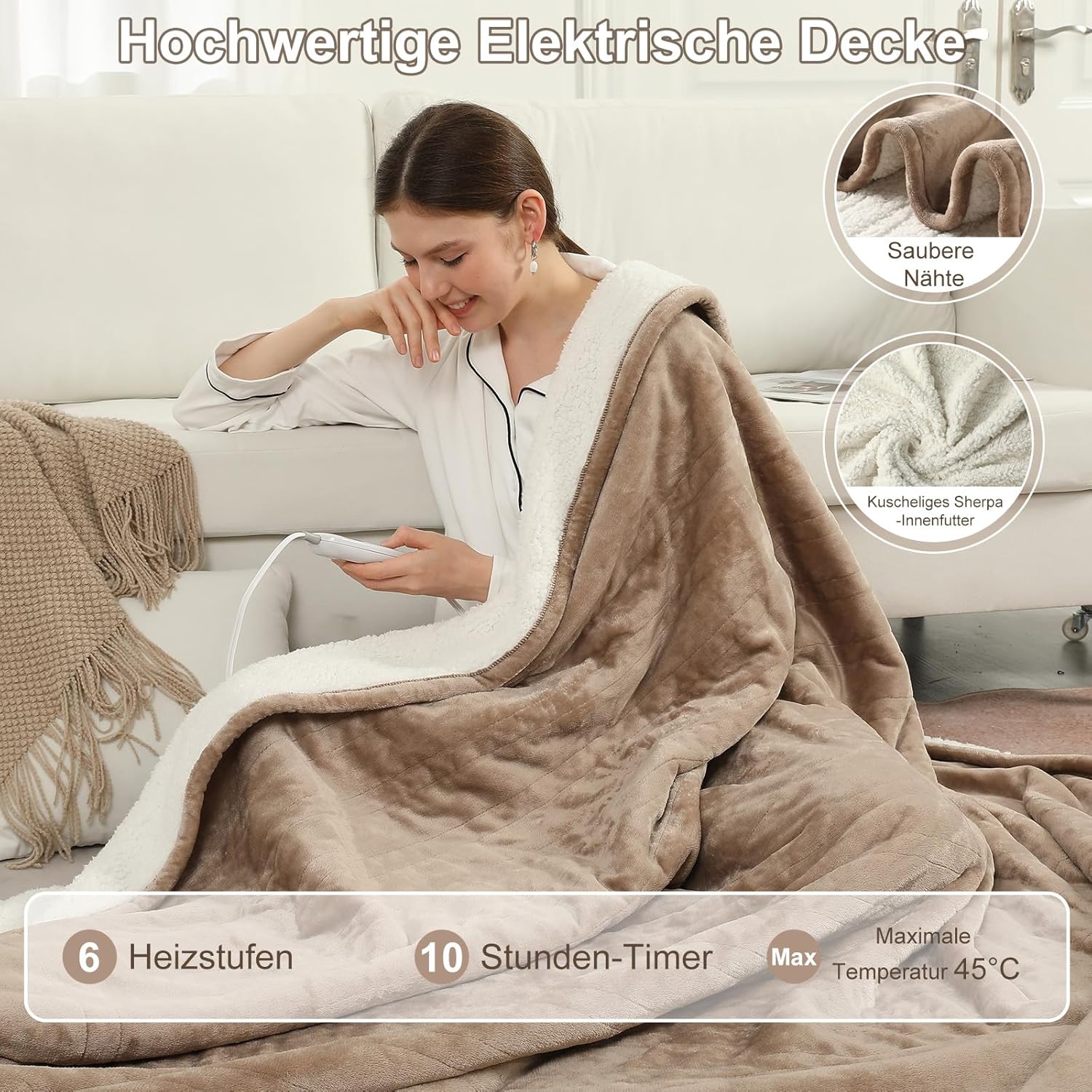 Thumbnail 1 de COZYTY Couverture Chauffante Électrique 130×180 cm en Flanelle Beige — 6 niveaux, minuterie 10 h et Lavable en machine