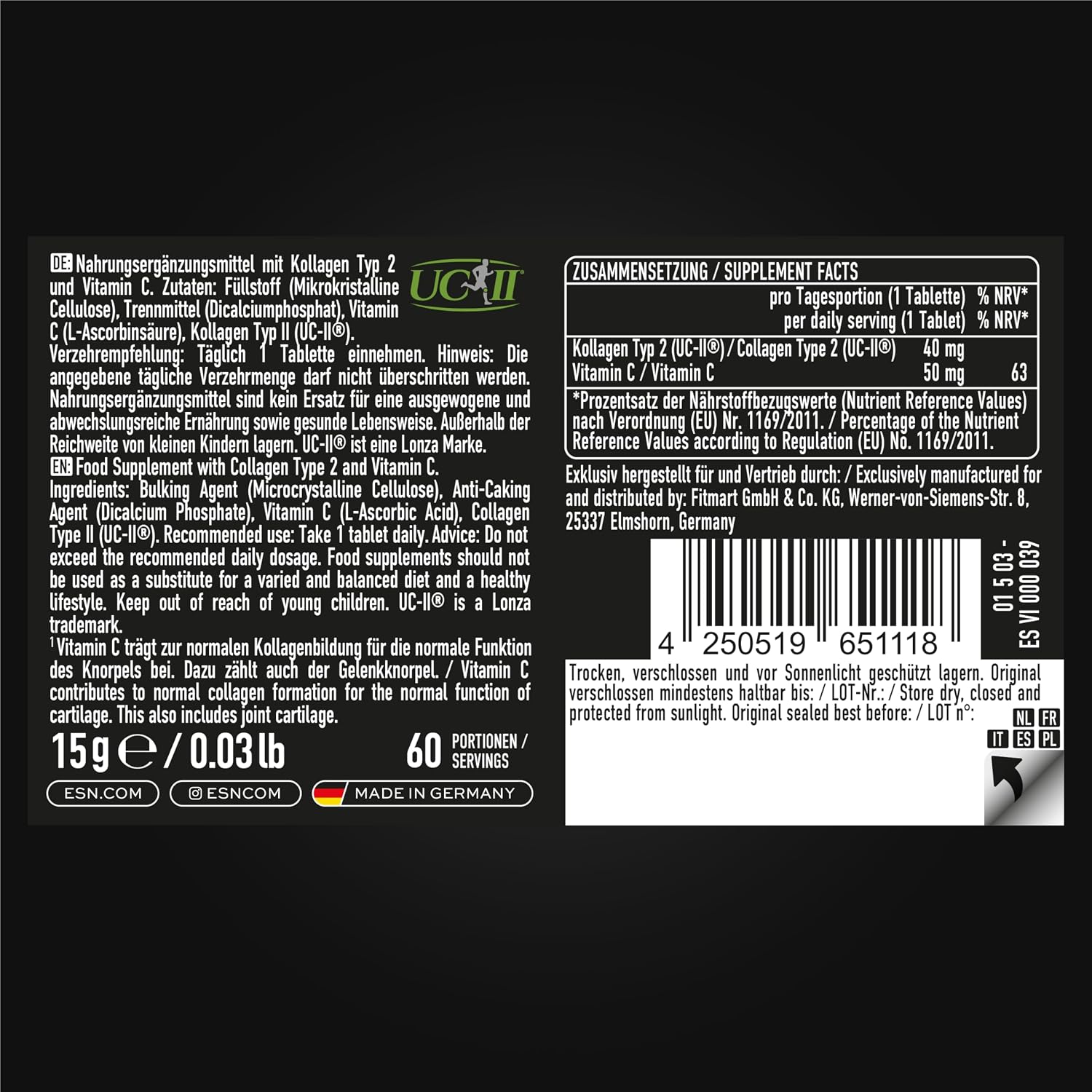 Detalle 2 de ESN Kollagen Typ II – 60 Tabletten (2 Monate Vorrat) mit UC-II und Vitamin C