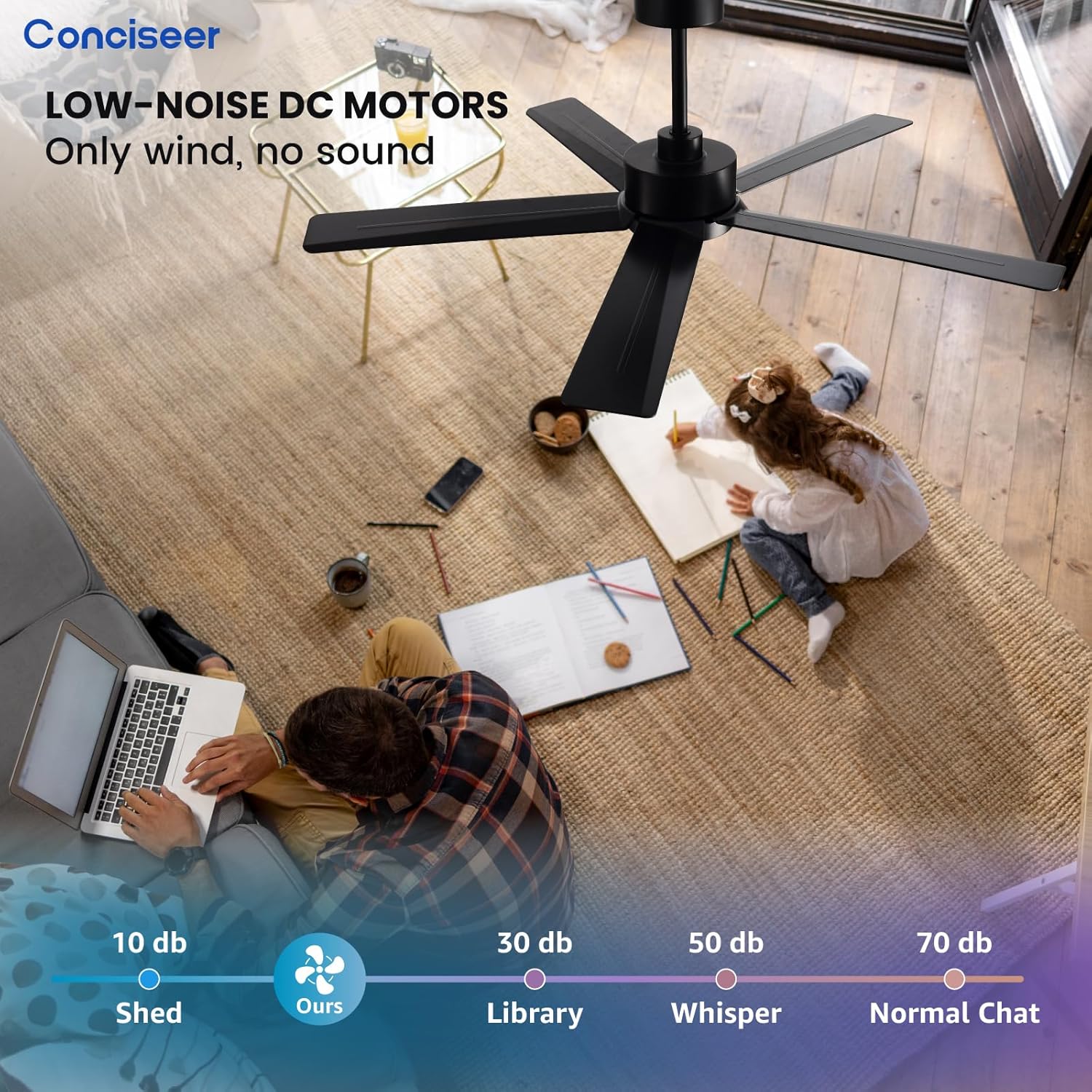 Thumbnail 1 de Conciseer 52-Inch Modern Ceiling Fan with Lights, Remote, 5 Blades, 6-Speed Reversible DC Motor (Black)