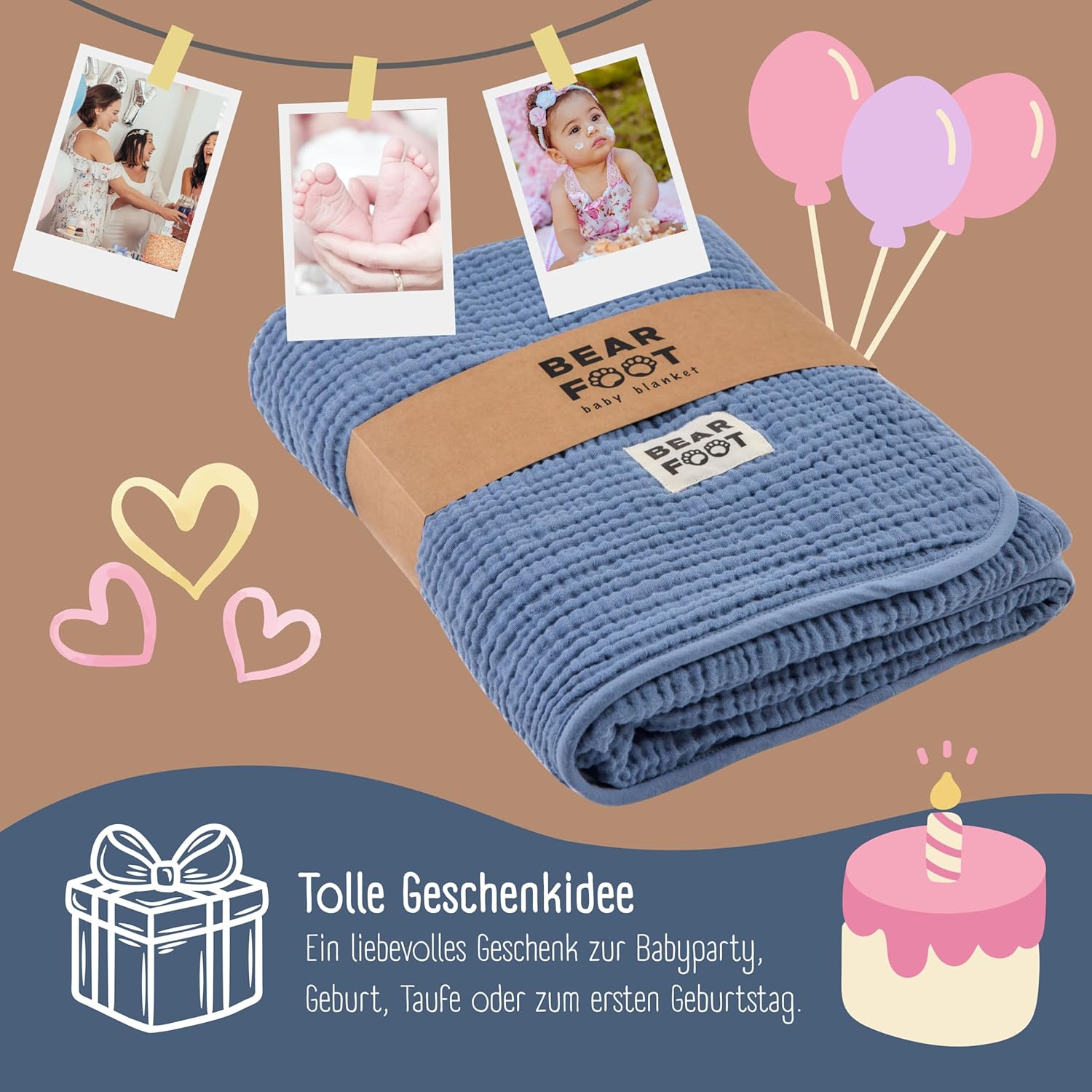 Thumbnail 4 de BEARFOOT Babydecke Musselin-Fleece Decke aus Baumwolle und Fleece – weich zum Kuscheln, Geburt, Kinderwagen & Reise