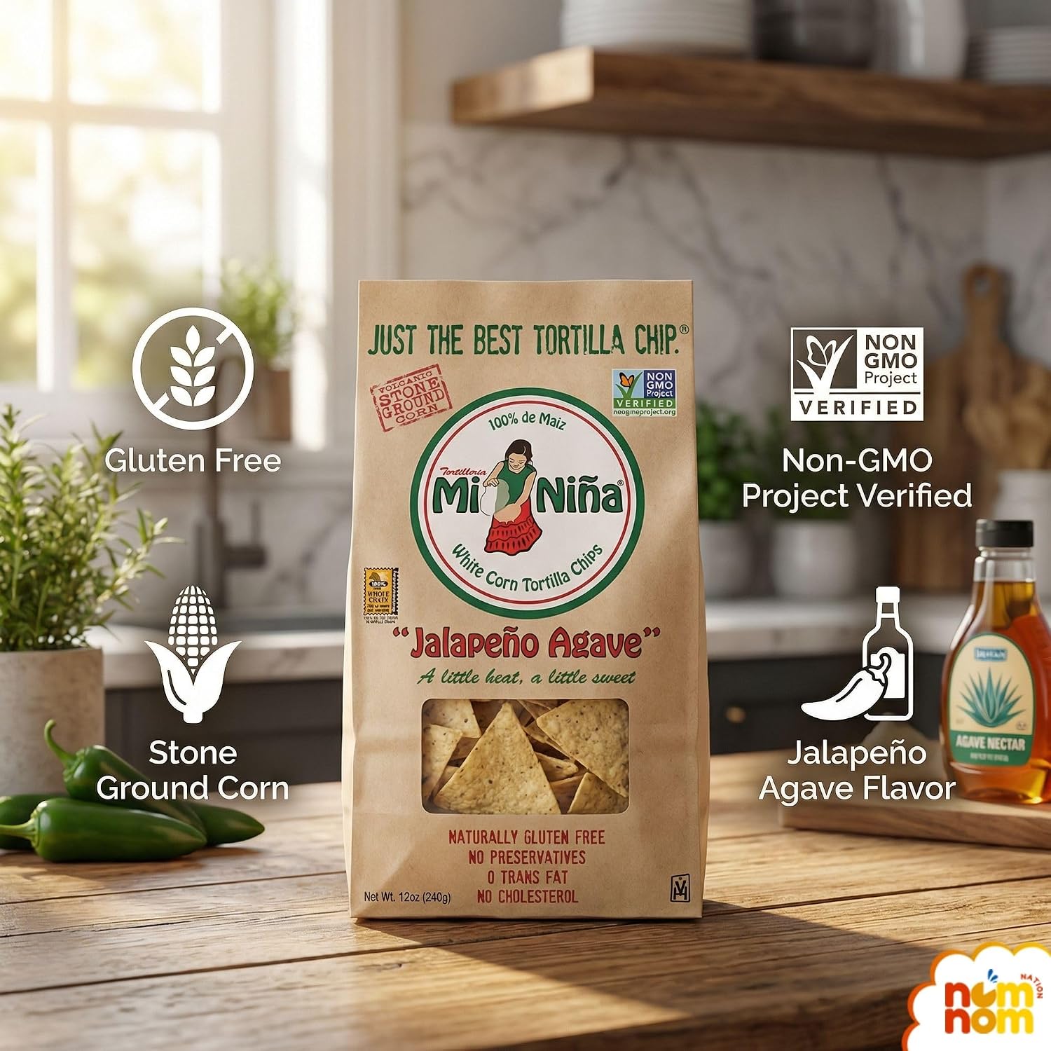 Detalle 1 de NomNom Nation Tortilleria Mi Nina Jalapeño Agave Tortilla Chips, 3-Pack