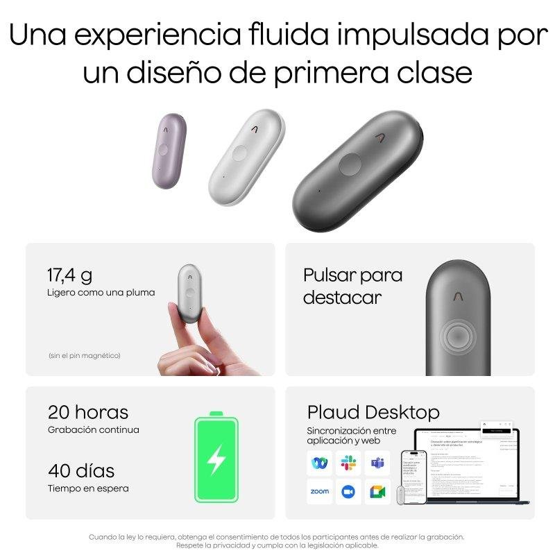 Detalle de Plaud NotePin S IA 64GB: grabadora de voz multModal con transcripción en 112 idiomas