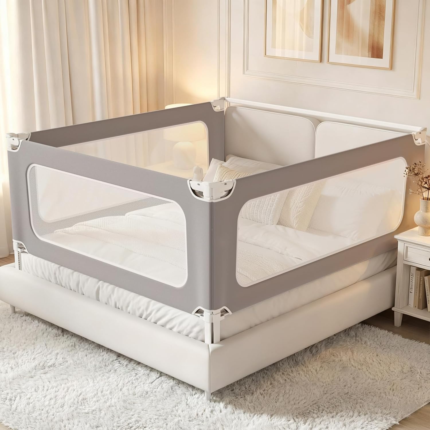 Detalle de MagicFox 3-Piece Queen Bed Rails for Toddlers, Adjustable Guard with Double Locks