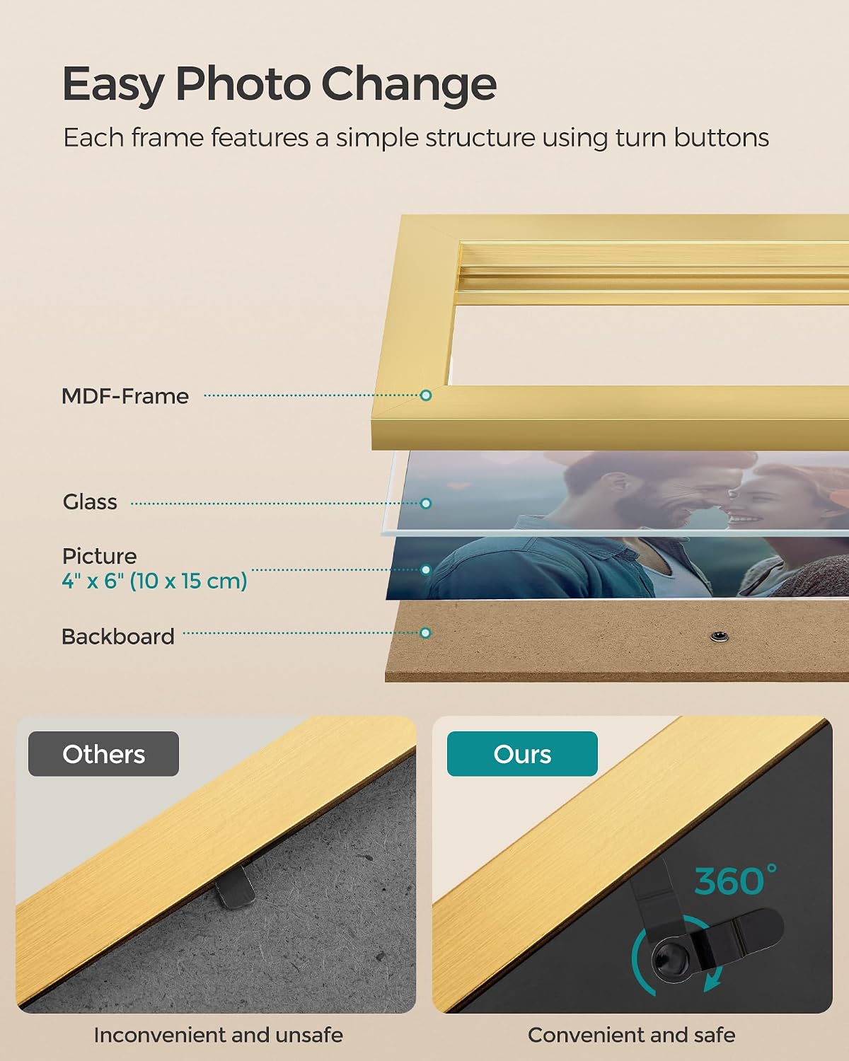Thumbnail 3 de SONGMICS Kavi RPF025A01 4-Photo Collage Frame, Pale Gold MDF and Glass