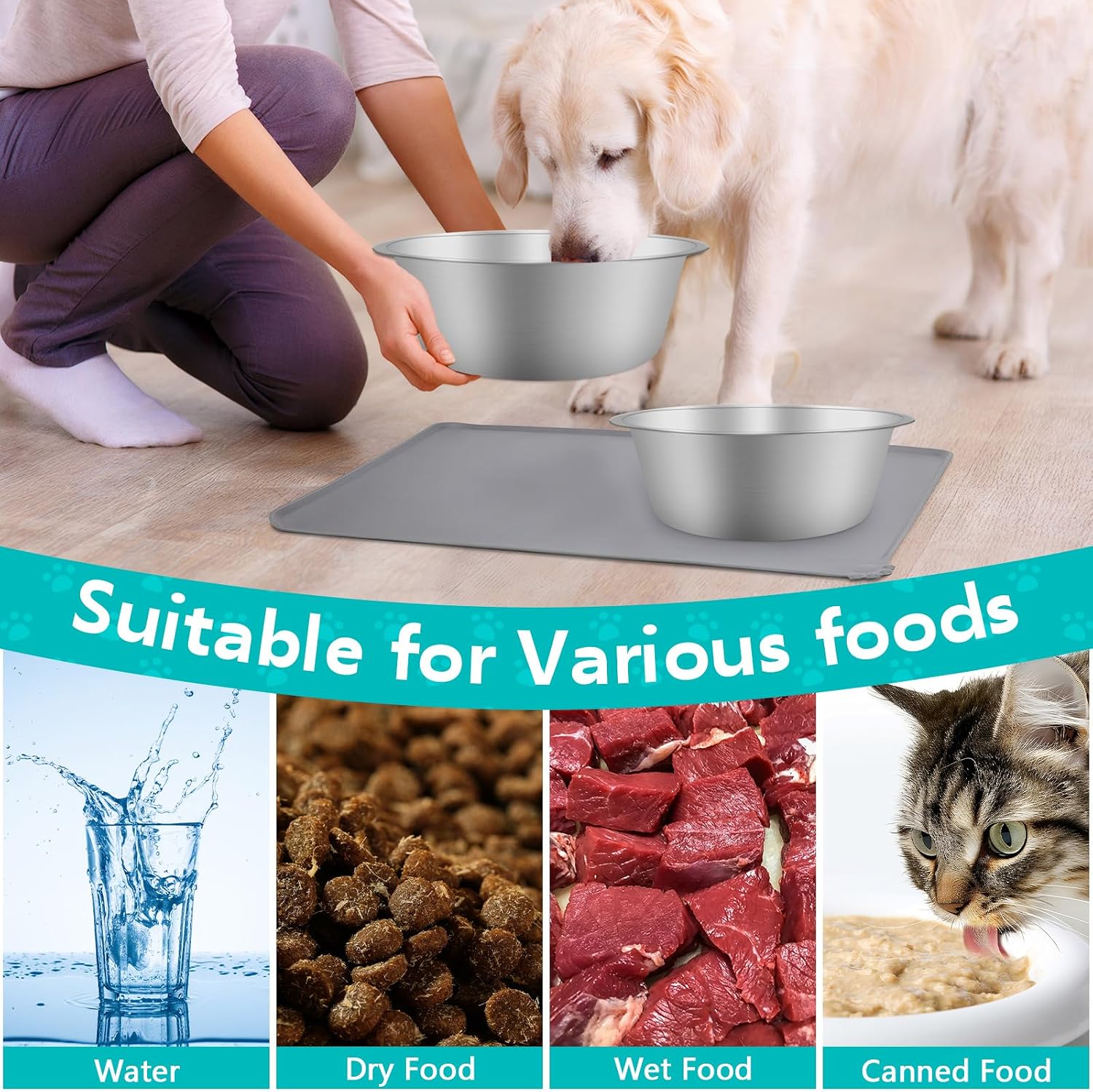 Detalle 2 de ELISABE Stainless Steel Dog Bowls 2 Pack — Non-Slip, 1560ml, Includes Collapsible Bowl