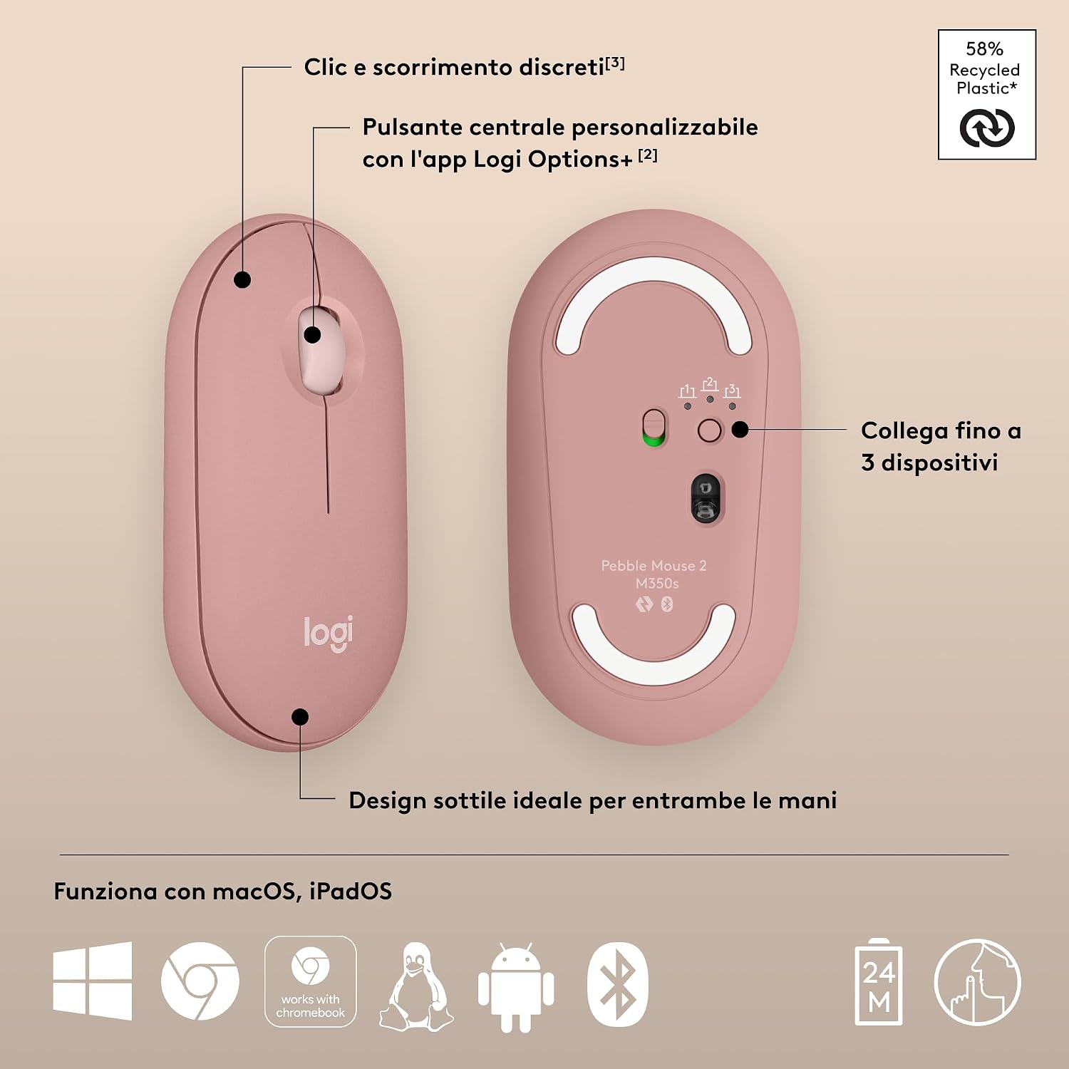 Thumbnail 6 de Logitech Pebble Mouse 2 M350s: mouse Bluetooth sottile, leggero e personalizzabile in rosa