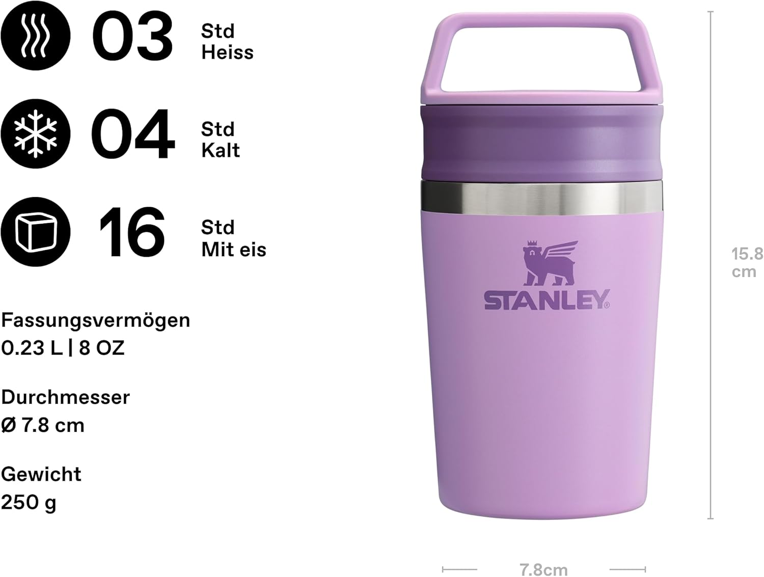 Detalle 2 de STANLEY 1913 Cafe Kaffeebecher To Go 0.23L – Lilac: robust, spülmaschinenfest und mit Tragegriff
