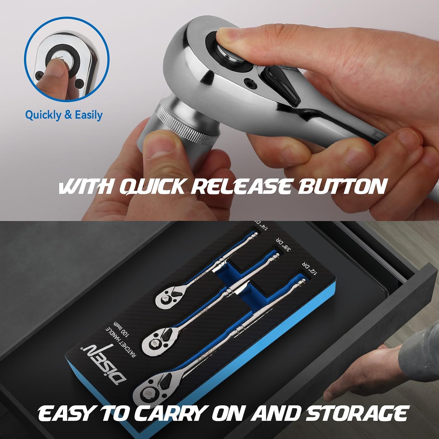 Detalle de DISEN DISEN-3BZGBJLB-100 Ratchet Set, 3 Drive Sizes, 100-Tooth Mechanism