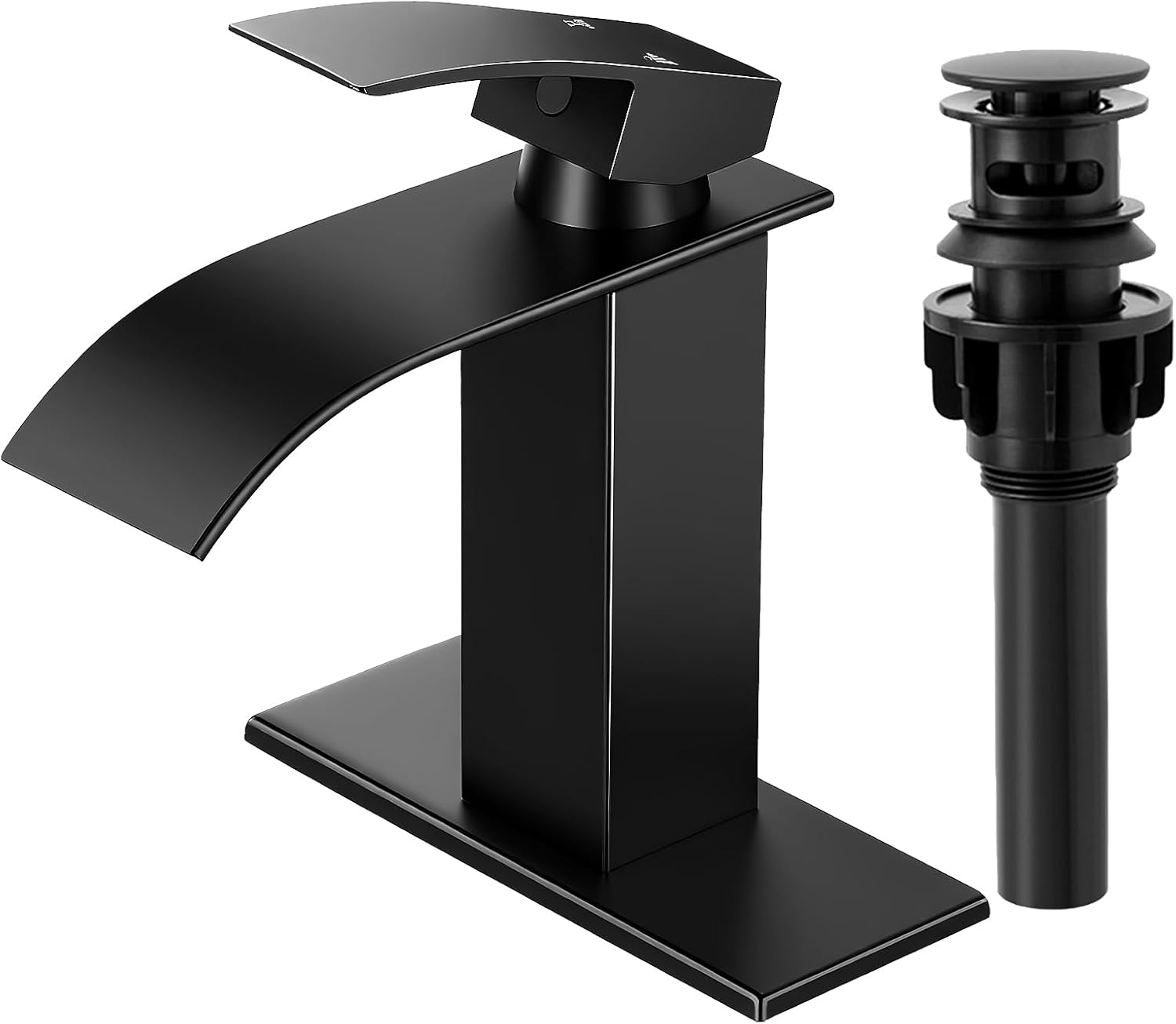 RNDIOZD Matte Black Waterfall Bathroom Faucet (Single-Handle) with Pop-Up Drain, Deck Plate & Hoses