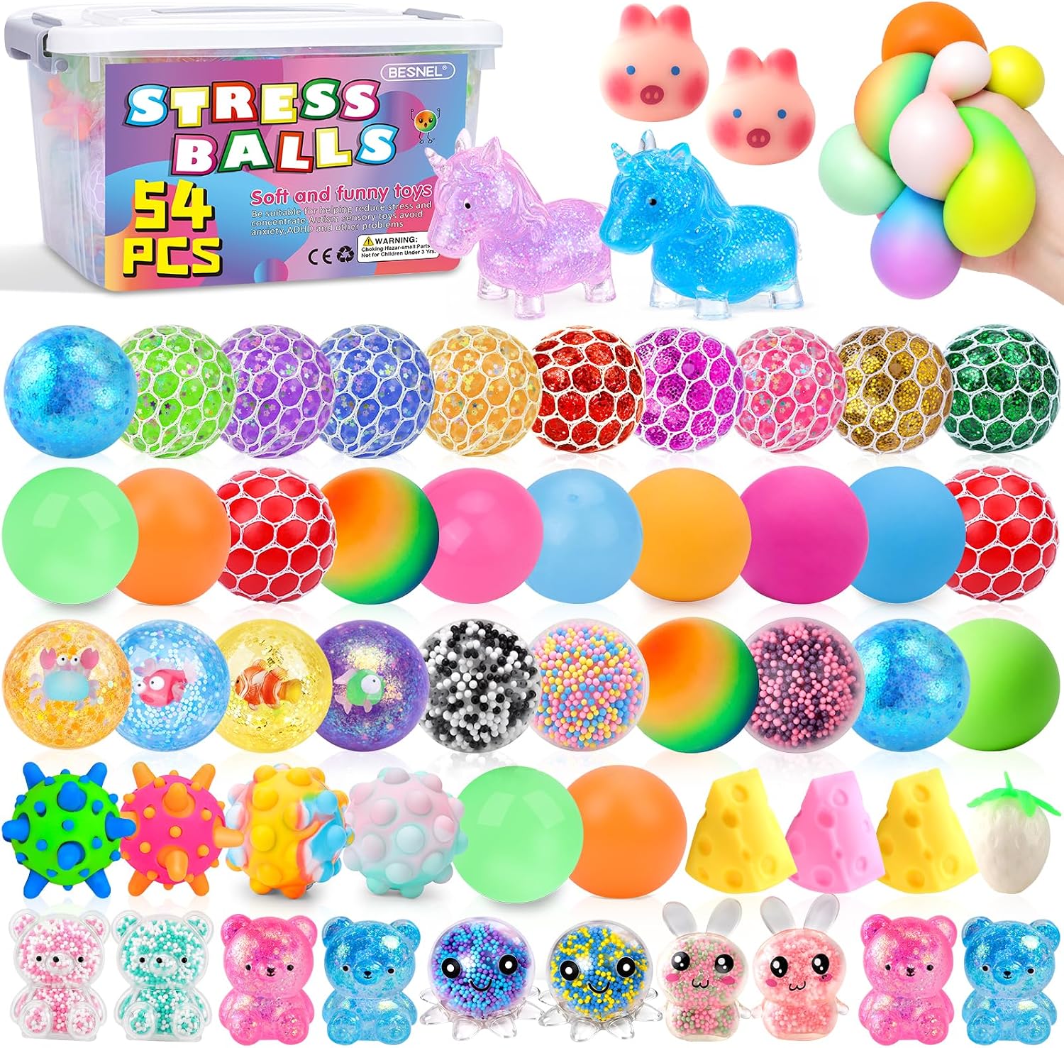 Detalle de BESNEL 54P Stress Balls, 54-Piece Assorted Squeeze Toy Set