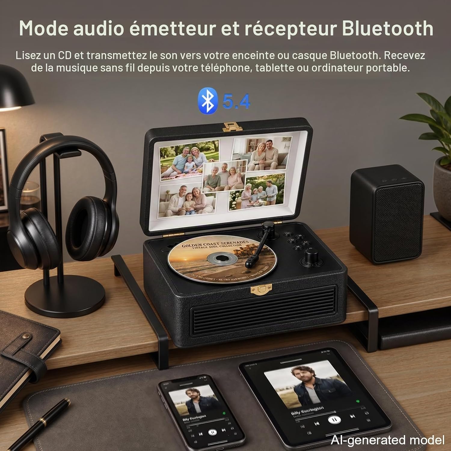 Thumbnail 3 de Gueray Lecteur CD Cuir Portable: lecteur CD vintage avec Bluetooth 5.2 et haut-parleurs 3600 mAh