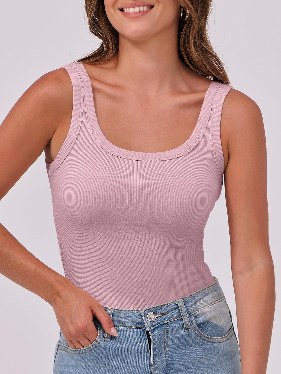 Detalle de ANRABESS Women’s Ribbed Scoop Neck Tank Top (Sleeveless, Fitted/Skinnny) — Summer Basic