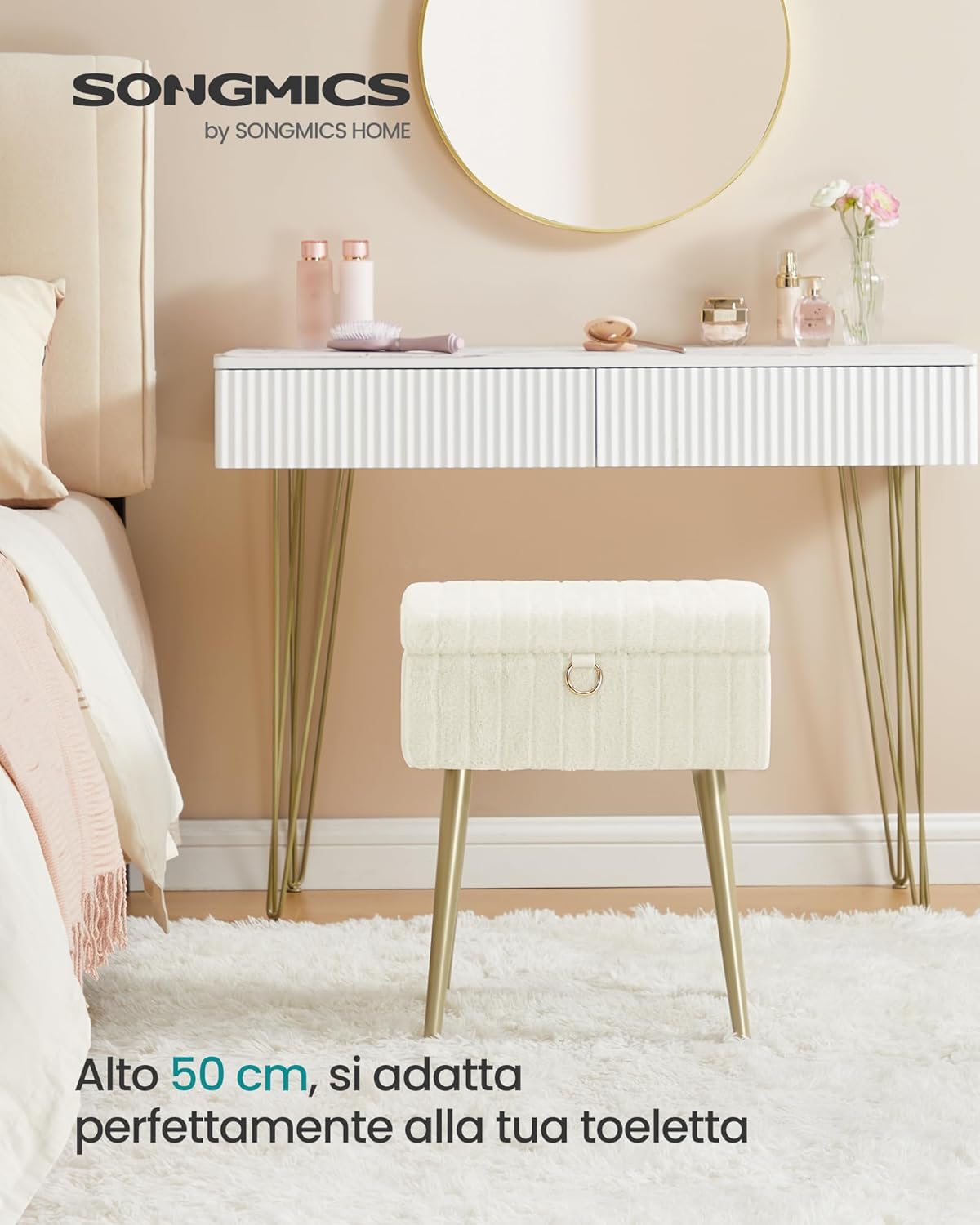 Detalle de SONGMICS Sgabello da Trucco LOM505WZ02 – Pouf contenitore bianco crema, robusto e versatile 30x40x50 cm