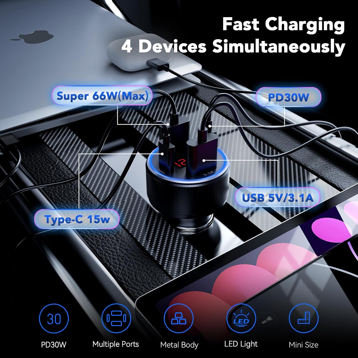 Detalle 2 de USB C Car Charger Adapter 78W, 4‑port