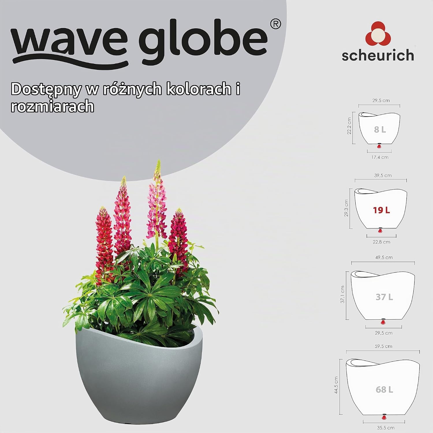 Detalle de Scheurich Wave Globe 40 – okrągła donica z tworzywa z recyklingu, szara