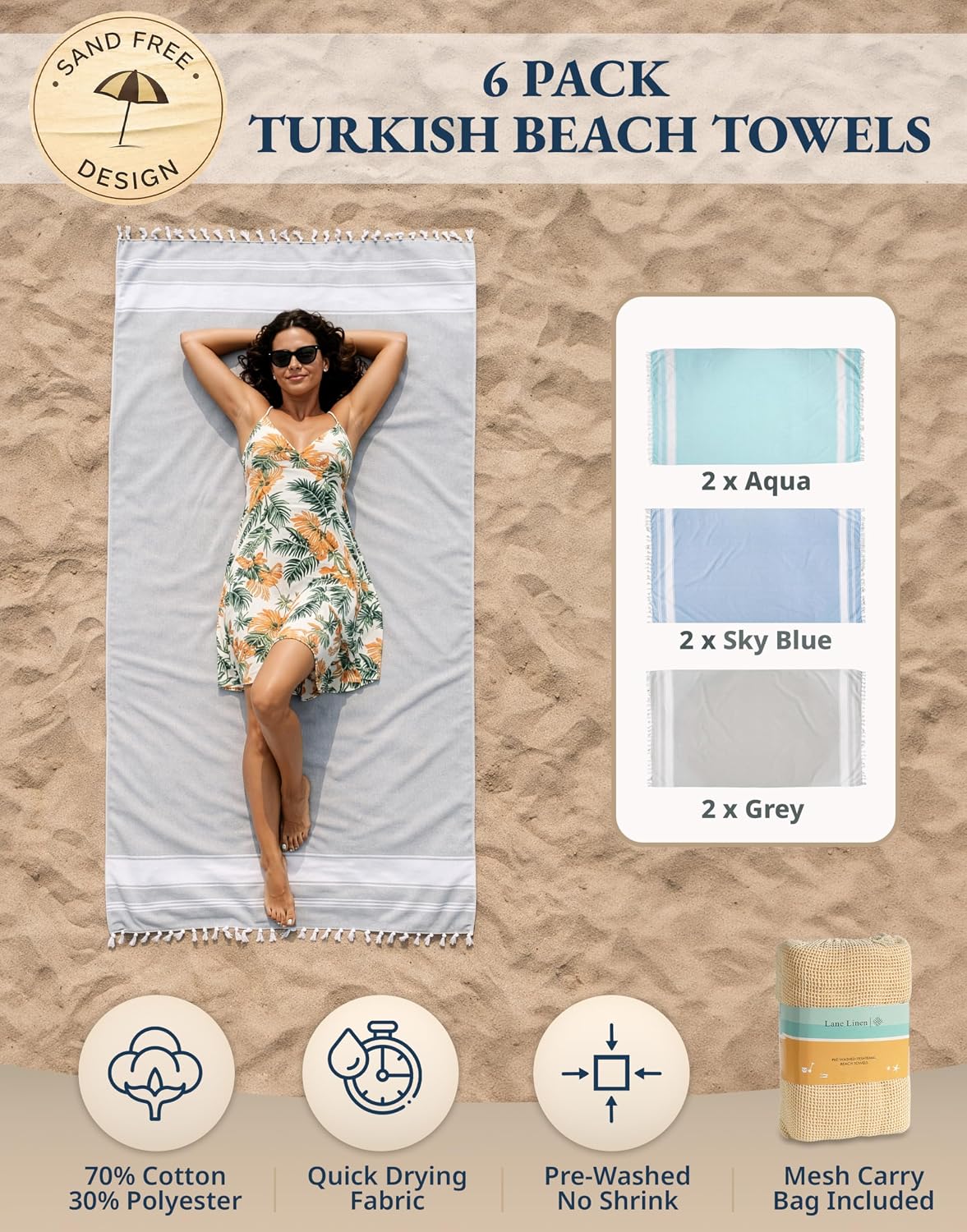 Detalle 2 de Lane Linen Beach Towels (6-Pack) Sand-Free, Fast-Drying Oversized 39"x71
