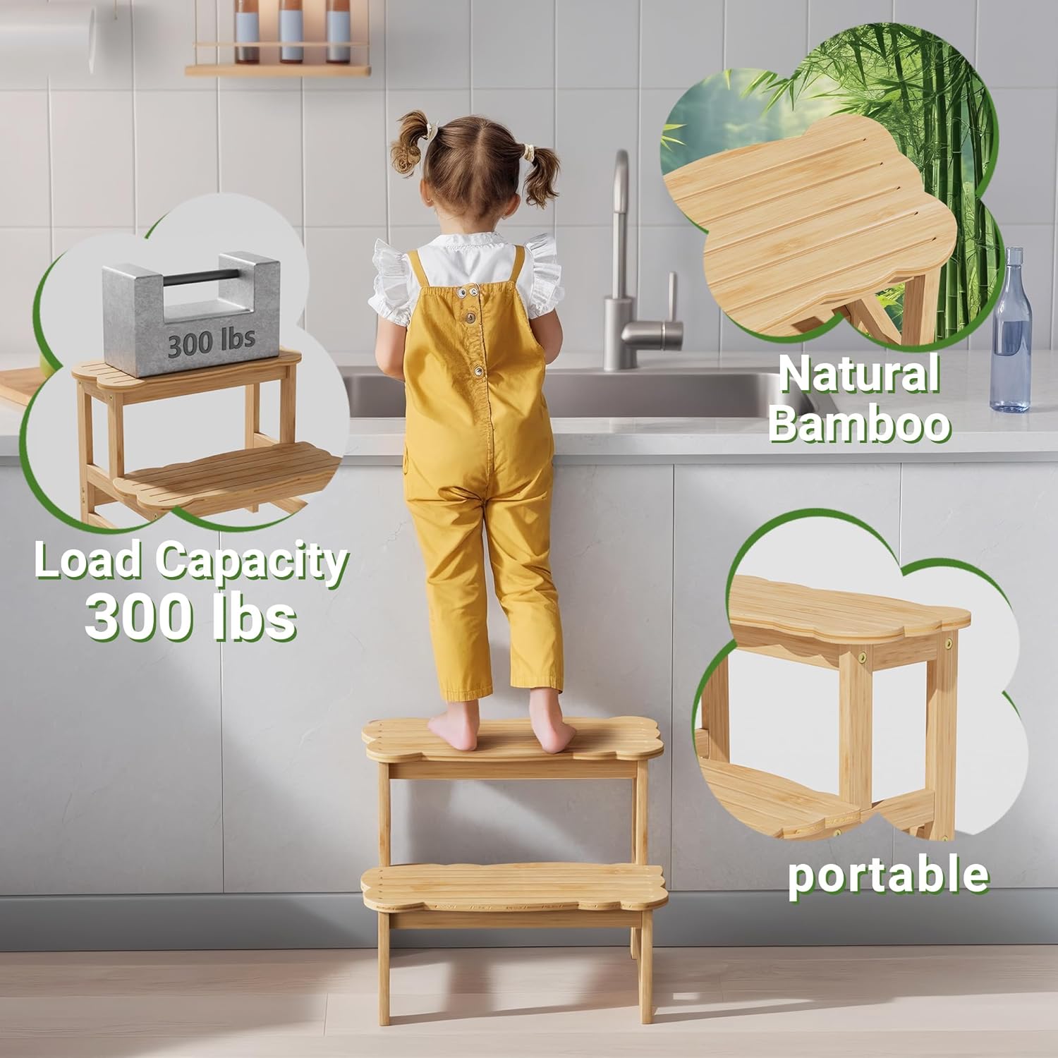 Detalle de COSYLAND Kids Step Stool – Wooden Two-Step Stool (Natural) with 300 lb Capacity