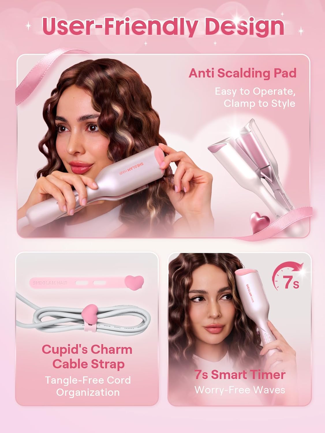 Detalle de Sheglam Cupid’s Charm Beach Babe Welleneisen (2 Barrel, 25 mm) mit Smart-Timer, 130–210 °C & Dual Voltage