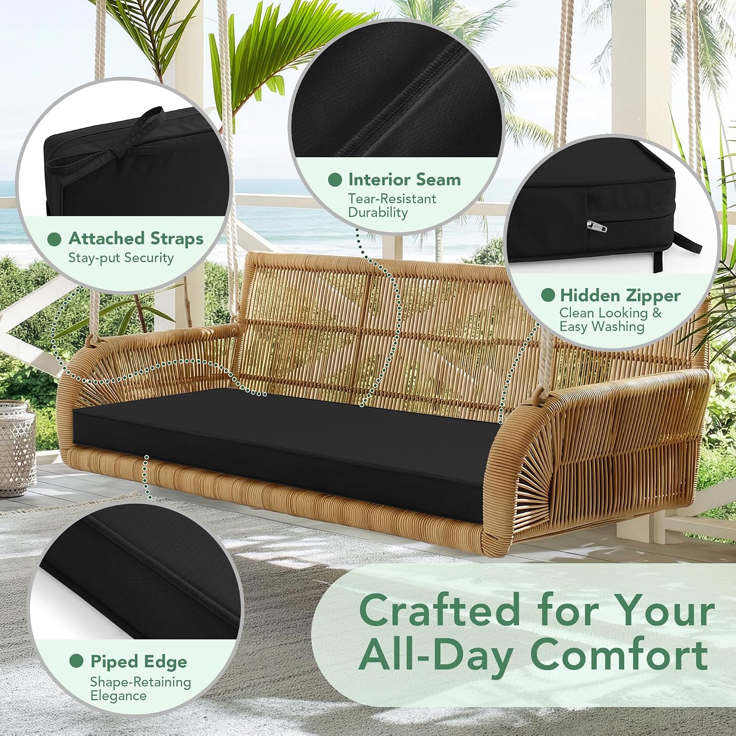 Detalle de Summsun Outdoor Bench Cushion Pad, 48 x 18 x 3 Inch, Black