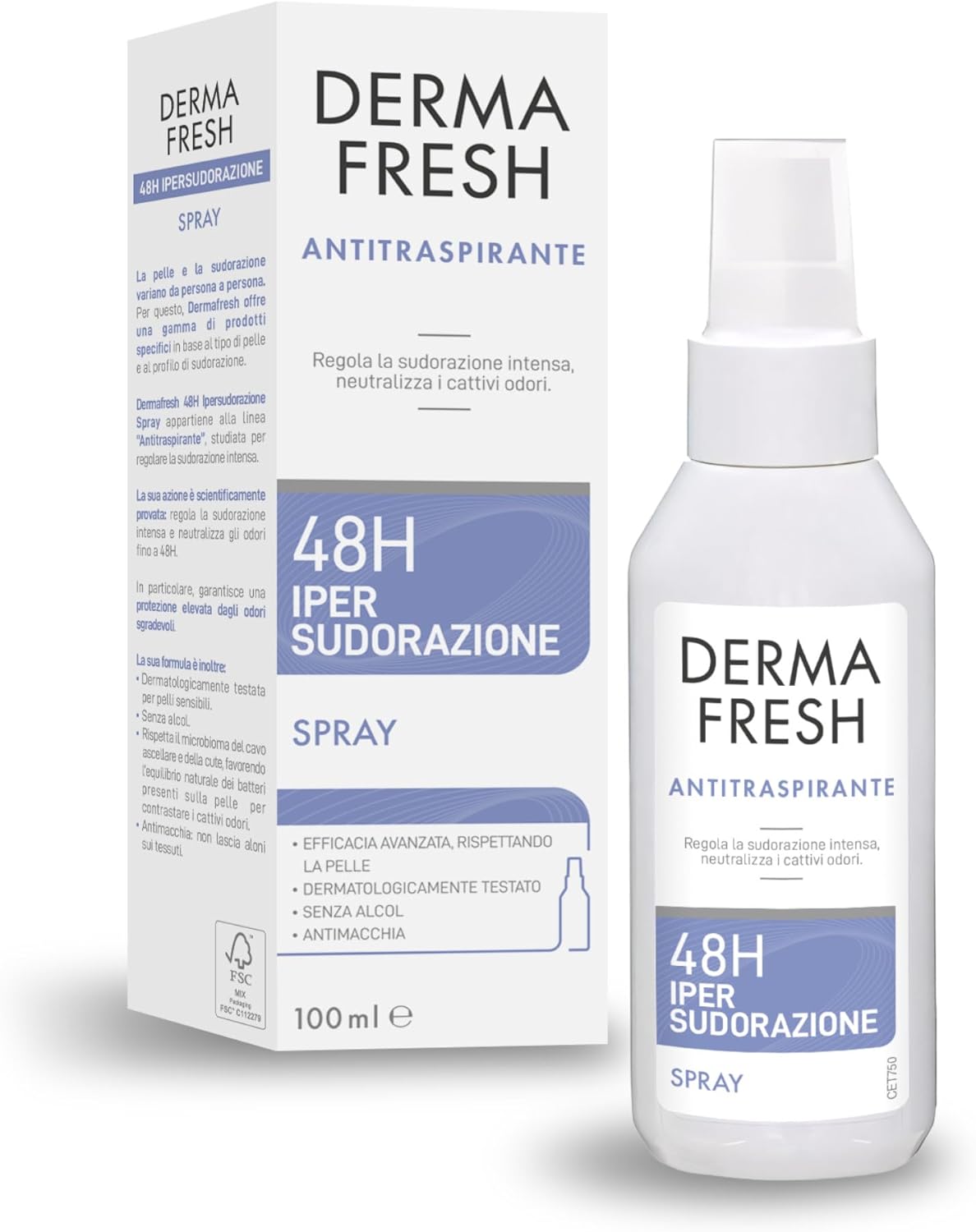 Detalle de Dermafresh Ipersudorazione Efficace 48H: Deodorante antitraspirante spray 100 ml, senza alcool, delicato sulla pelle