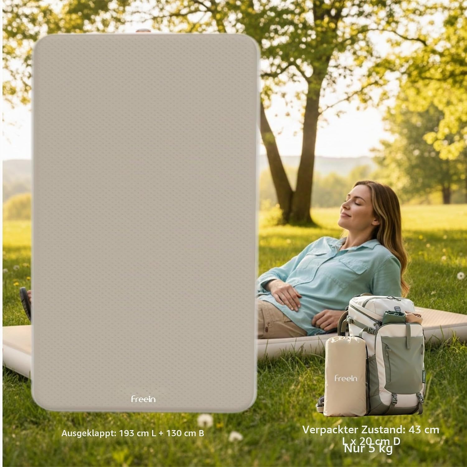 Detalle 2 de Freein Doppel-Isomatte Camping 192x130x10 cm – Großzügige Doppel-Liegefläche für zwei Personen