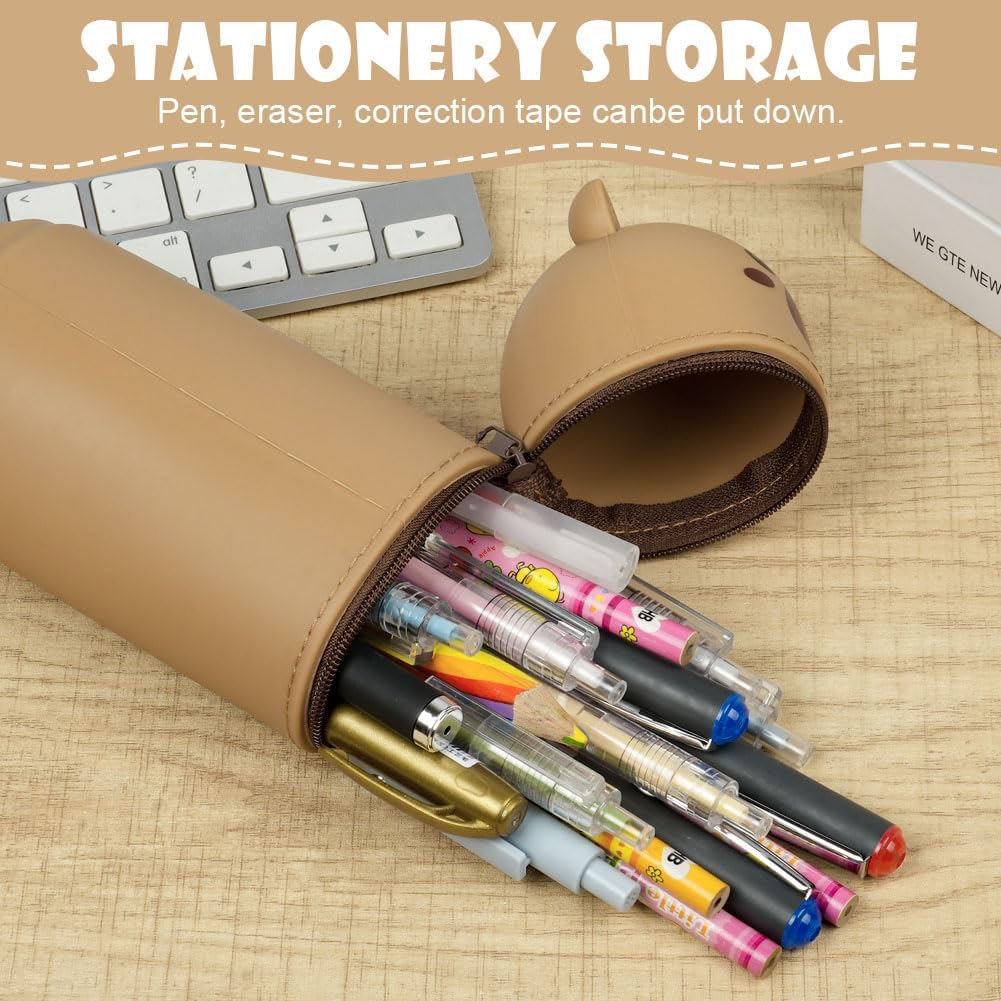 Detalle de Vicloon Brown Bear Silicone Pencil Case, Retractable 2-in-1 Pen Holder