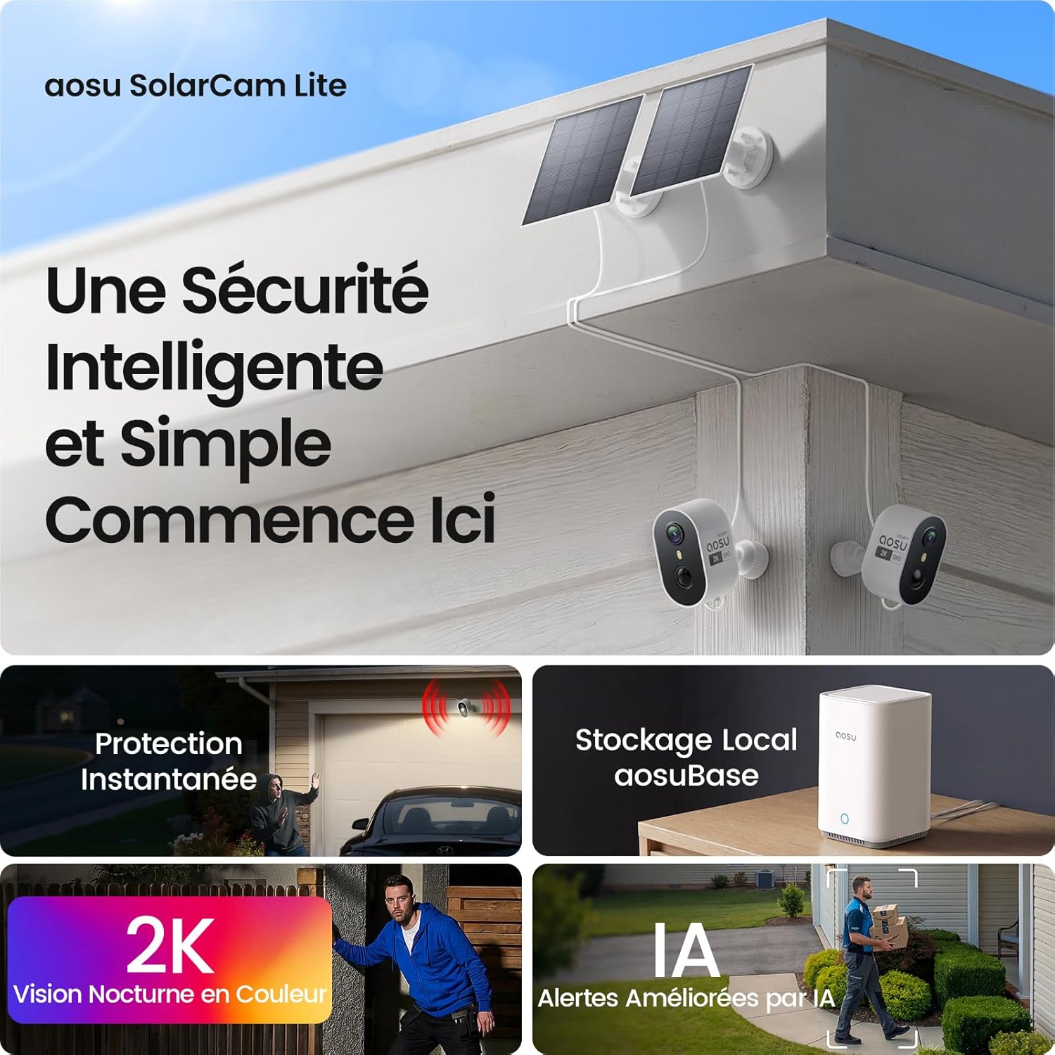 Thumbnail 1 de Aosu 2K Caméra Surveillance WiFi Extérieure Sans Fil Solaire — Kit 2 Caméras + aosuBase 2.0, 32 Go Inclus