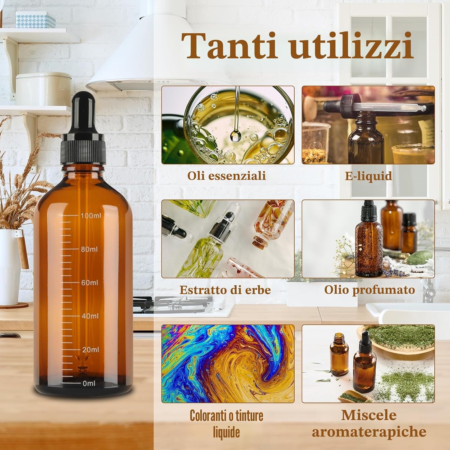 Thumbnail 6 de GROFIS 6 Contagocce in Vetro Ambra da 100 ml con Imbuti, Pipette e Adesivo — Set Riutilizzabile per Oli Essenziali e Soluzioni