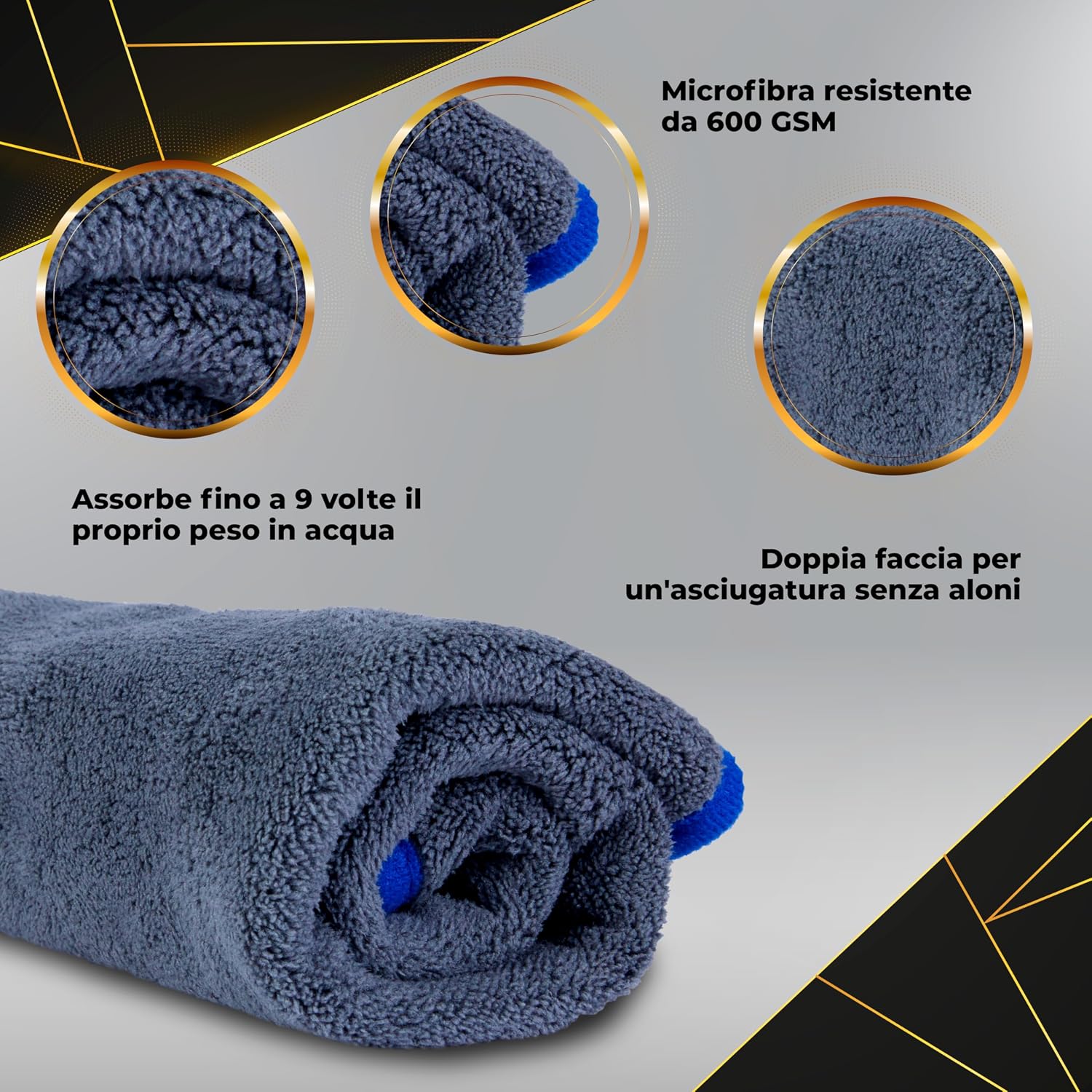 Detalle de Vehilex Set Panni Microfibra Ultra Assorbenti 4x 40x40 cm + Pelle di Daino 66x43 cm – 600 GSM