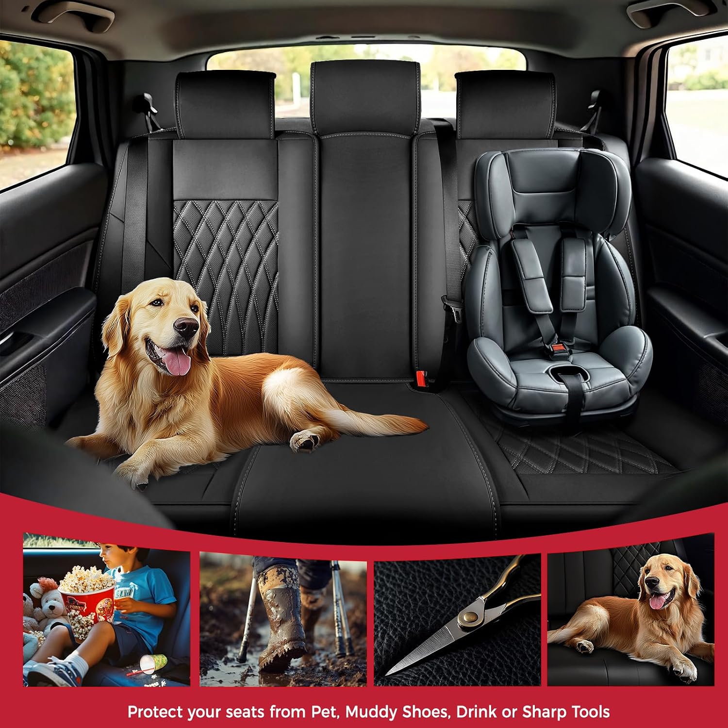 Thumbnail 6 de FREESOO Black Car Seat Covers Full Set – Faux Nappa Leather, Breathable & Waterproof with Lumbar Support