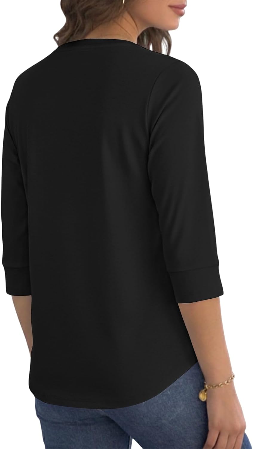 Detalle 2 de Cuptacc Damen Sommer-Bluse mit V-Ausschnitt, 3/4 Henley-Ärmel und Boyfriend-Passform – Boho-Print fürs Büro und Freizeit