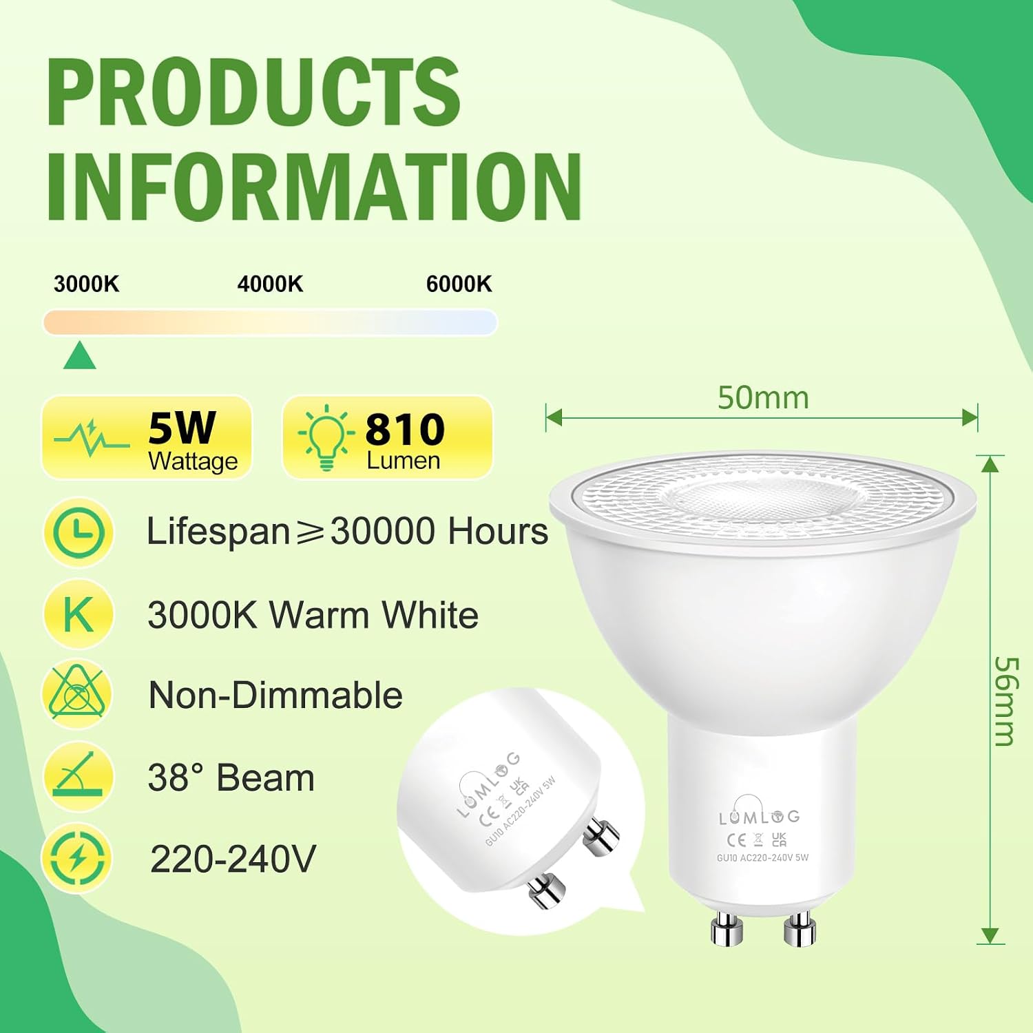 Detalle 2 de Lumlog GU10 5W LED warm white 3000K bulbs
