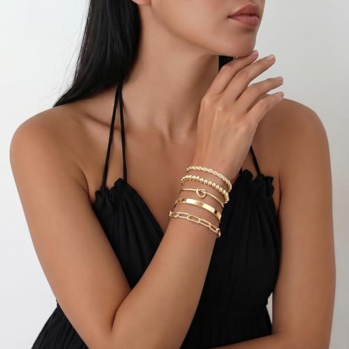 Detalle 2 de Gokeey Gold Cuff Bracelets for Women – 14K Gold Plated, Stackable Beaded & Infinity Rope Jewelry Set