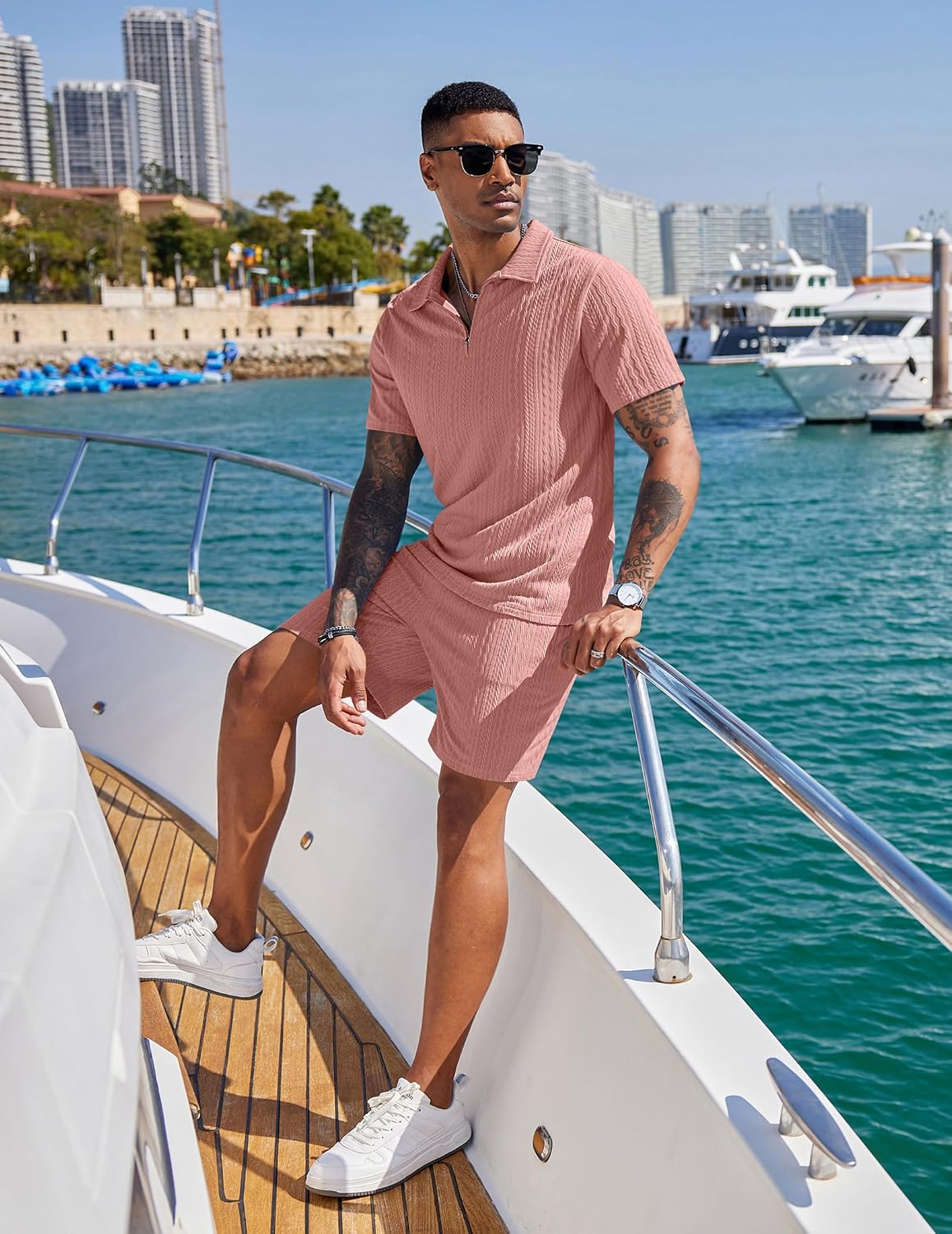 Detalle 2 de COOFANDY Men's 2 Pieces Outfits Casual Quarter Zip Polo Shirt and Shorts Set