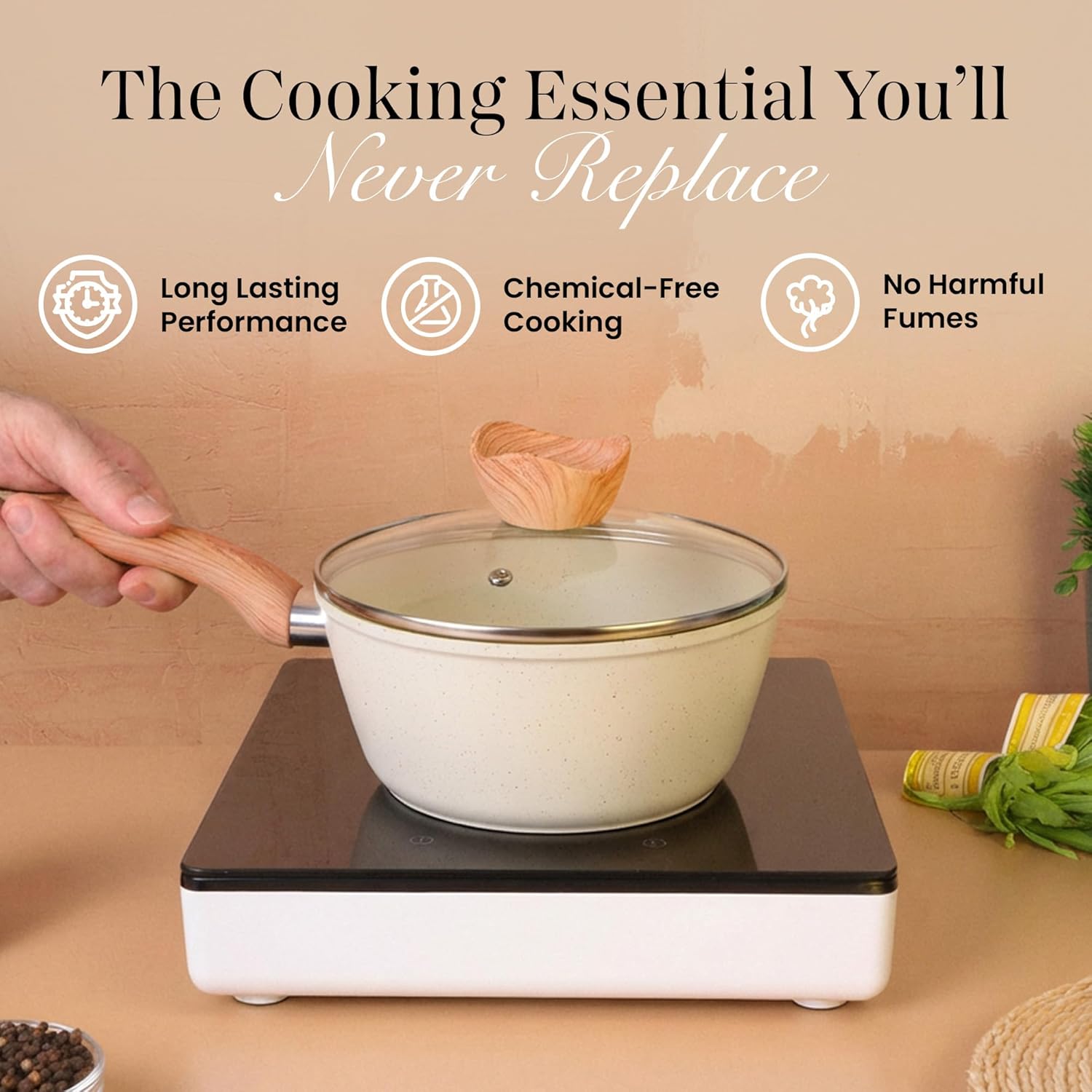 Detalle de Nuovva Cream Granite 3-Piece Non-Stick Saucepan Set (16cm, 18cm, 20cm) with Lid – Induction compatible
