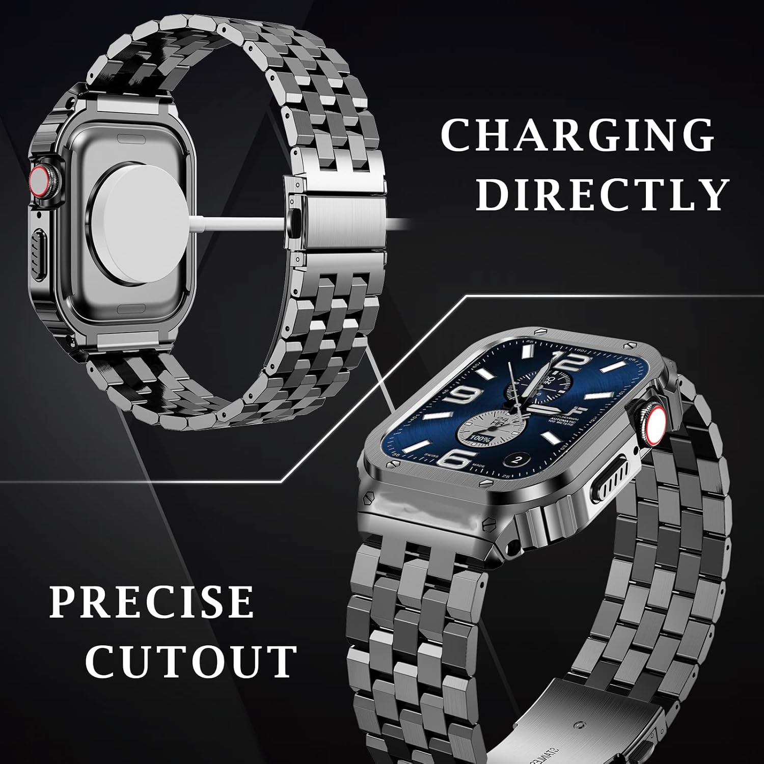 Detalle de SUPLINK Stainless Steel Case with Strap for Apple Watch Ultra 3/2/1 & SE 3/2/1 & Series 11-1, 49mm-38mm, Rugged Bumper for Men