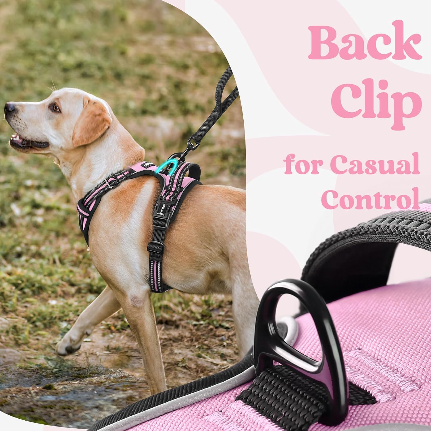 Detalle de rabbitgoo Dog Harness Medium - No-Pull Adjustable Vest with 3 Buckles, Reflective Mesh, Pink, M