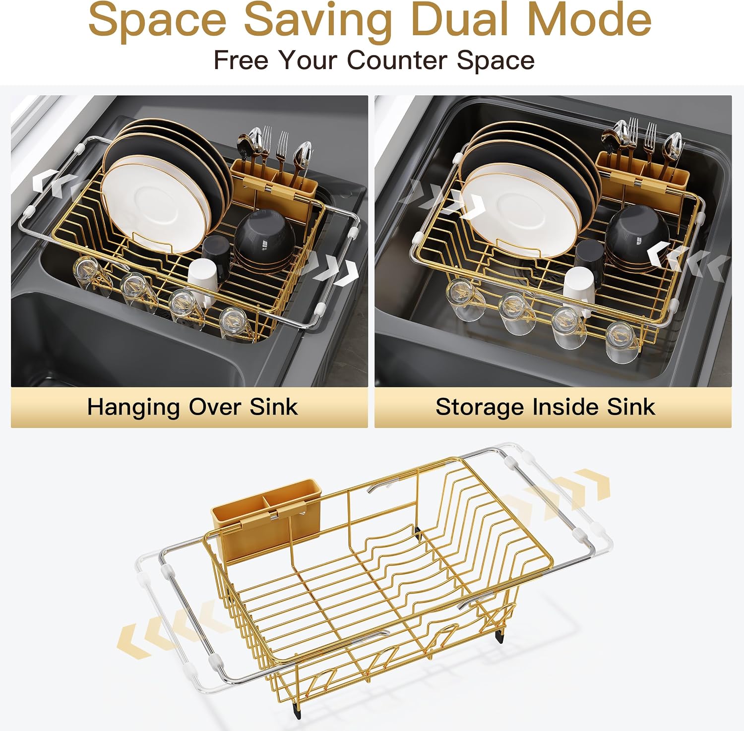 Detalle 2 de JASIWAY 701G Gold Over-the-Sink Dish Drying Rack, Expandable Stainless Steel