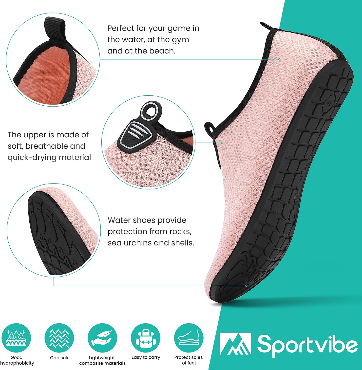 Detalle de Sportvibe Water Shoes Women & Men – Lightweight Barefoot Aqua Shoes, Pink (6.5 UK/40 EU)