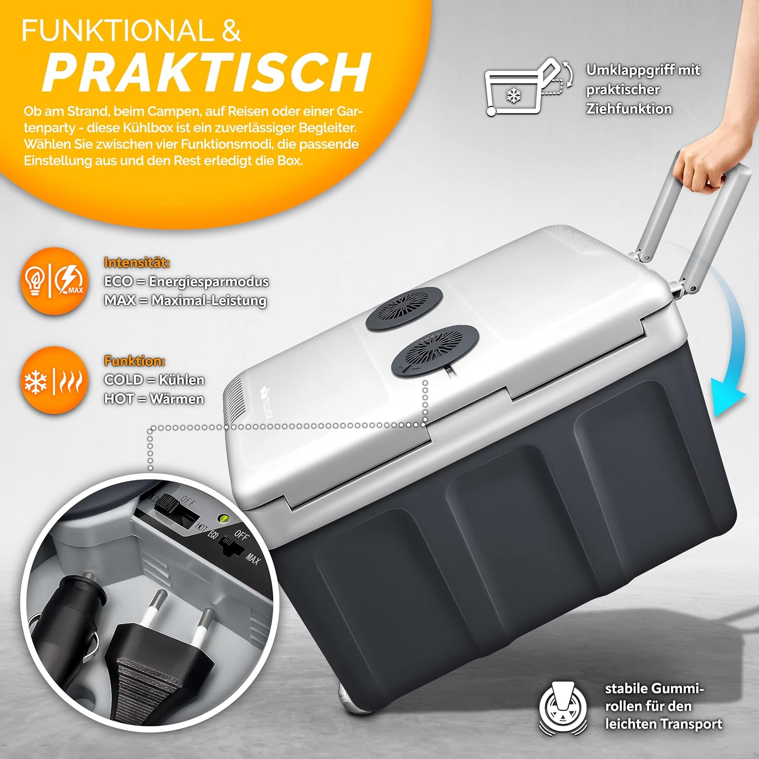Detalle de tillvex Kühlbox elektrisch 40L mit Rollen – Mini-Kühlschrank für Auto, Camping und Urlaub
