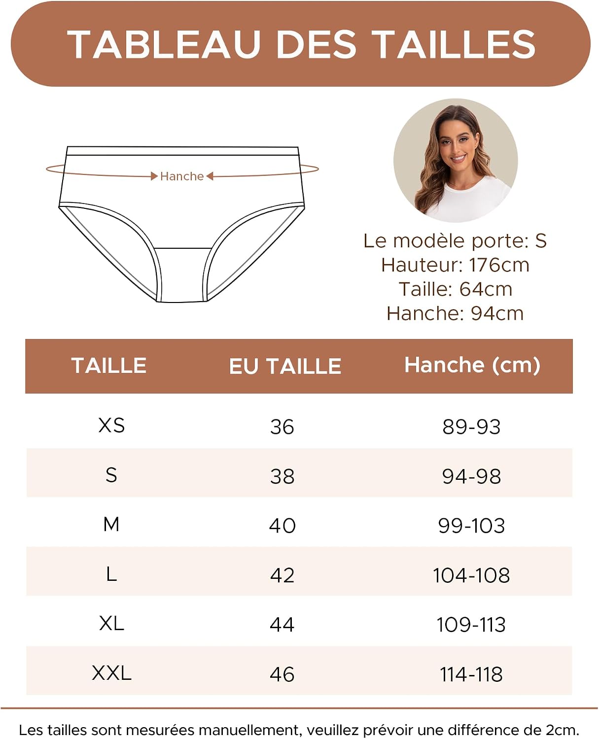 Detalle 2 de INNERSY lot de 6 culottes femme en coton stretch, taille basse douce et respirante