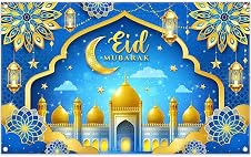 Luminora 72x43 inch Eid Mubarak Ramadan backdrop in Blue & Gold with mosque, crescent moon and lanterns