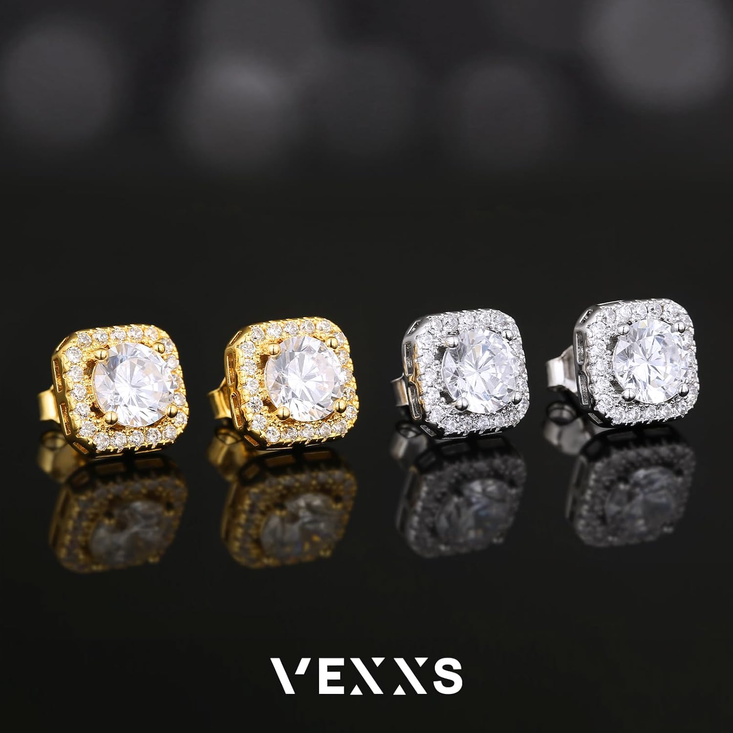 Detalle de VEXXS Herren Ohrringe Silber 925 mit 18K Gold/Weißgold Beschichtung und 5A Zirkonia – robust, hypoallergen