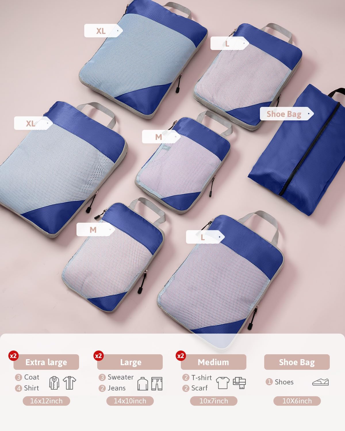 Detalle 2 de Meowoo Compression Packing Cubes 7 Set – Ultra‑Light, Multi‑Size Mesh Organisers for Travel