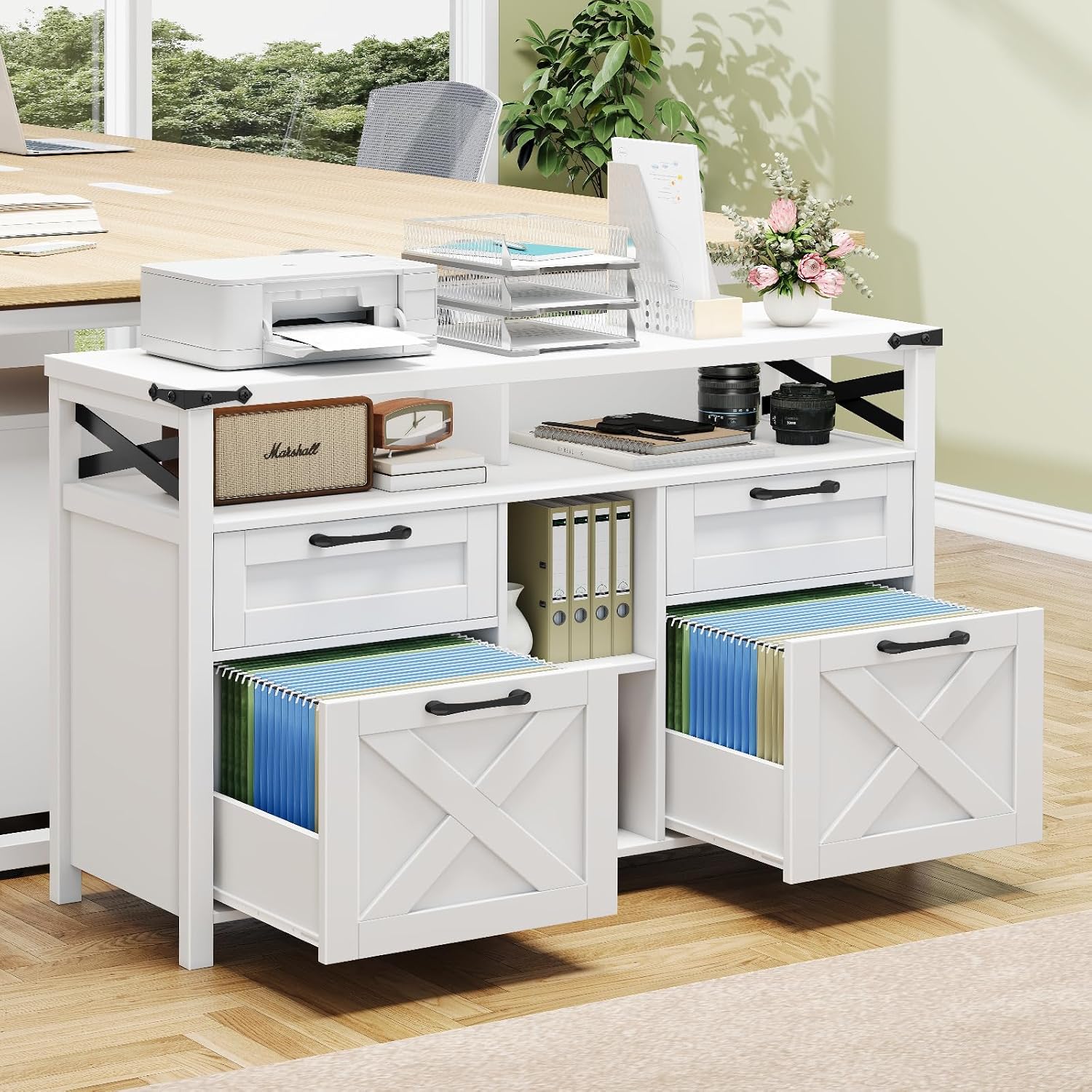 Detalle de Halitaa File Cabinet with Open Storage Shelf, 4 Drawers, Cream White