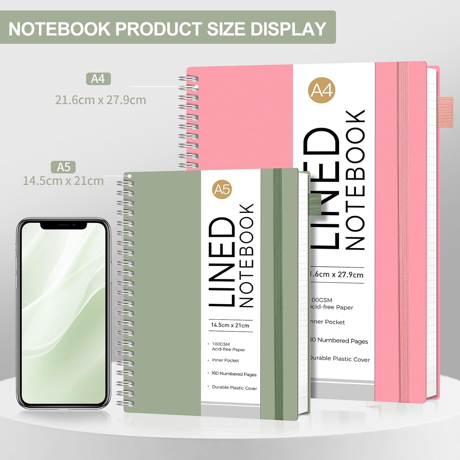 Detalle 2 de AUTEMPO A4 Notebook Lined, 3 Pack – Wirebound Spiral Notebooks with 110 Pages Each (100gsm) in Green, Pink & Purple