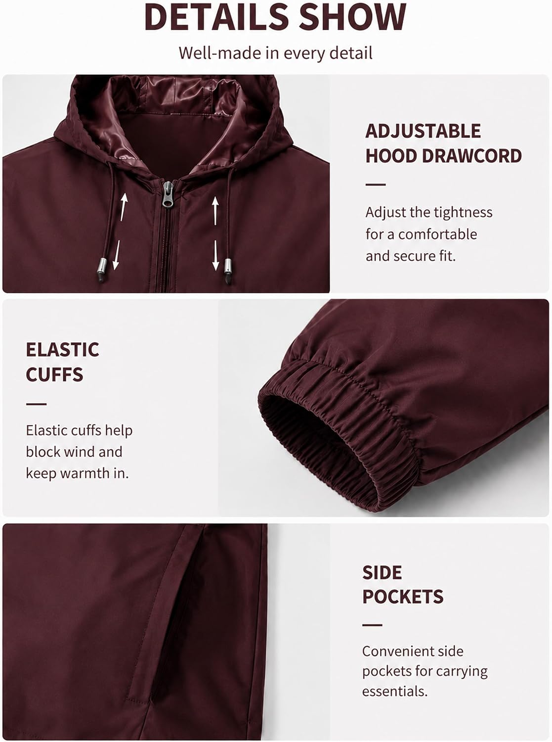 Detalle 1 de Uposiut Men's Packable Rain Jacket, Hooded, 10,000 mm H₂O Waterproof