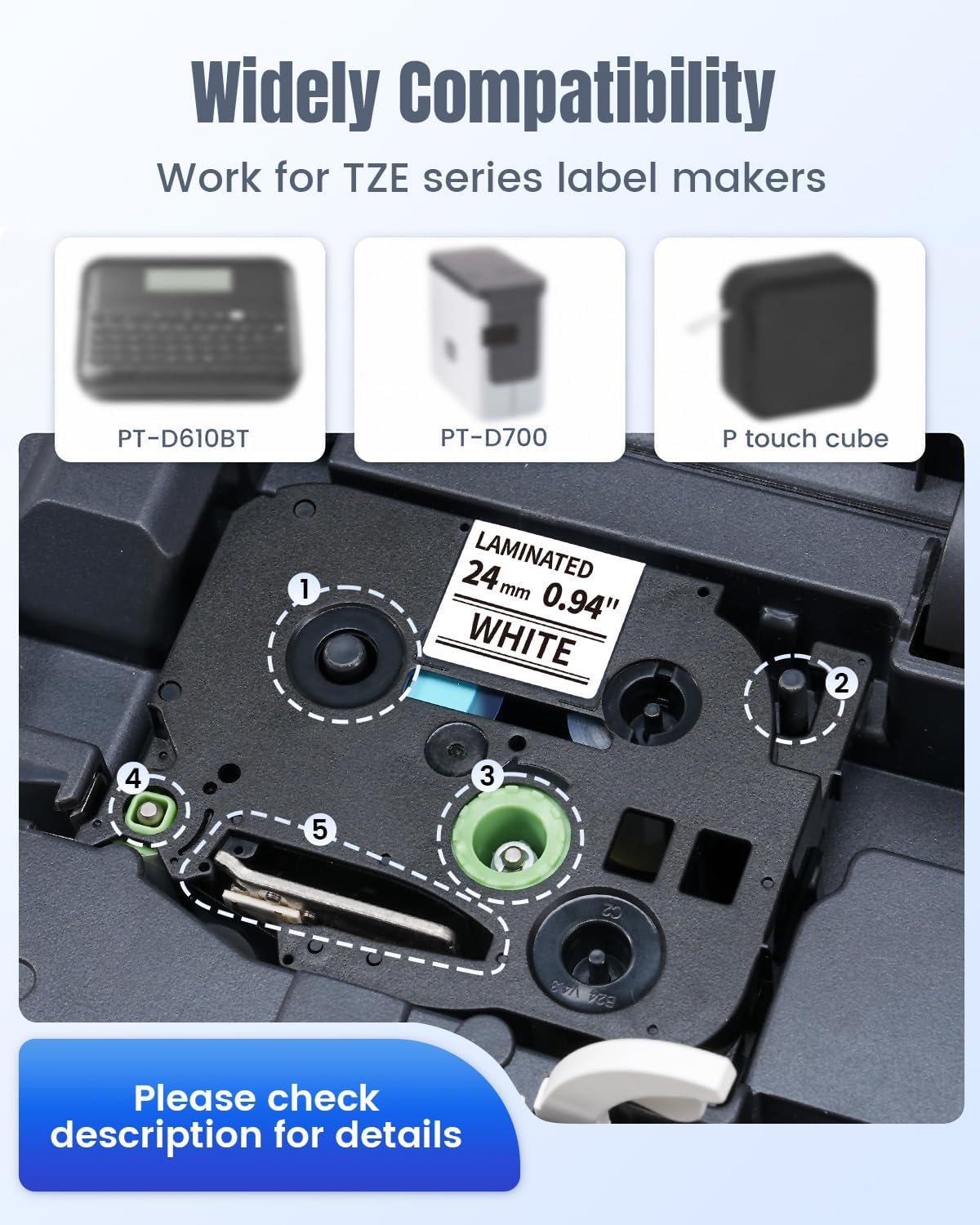Thumbnail 1 de Oozmas TZ Tape 24mm Laminated White TZe-251 Compatible Brother P-Touch Label Tape (4-Pack), Black on White