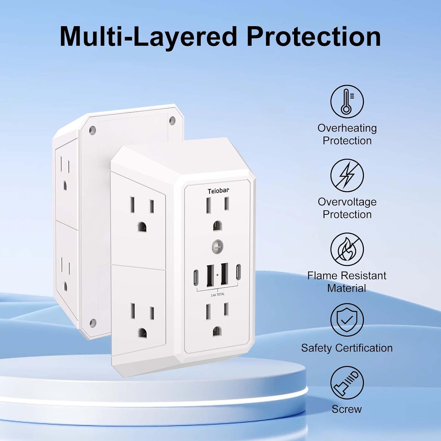 Detalle de Teiobar HR-519B Wall Outlet Surge Protector, 6 Outlets, 4 USB Ports